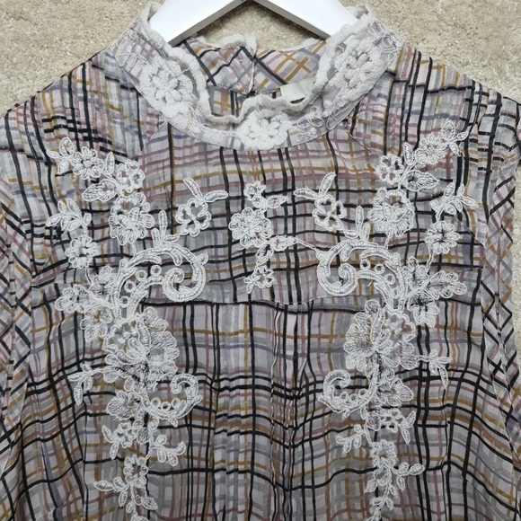 Next Chiffon Top 20 Check Lace Detail Beige High Neck Semi Sheer - Picture 4 of 7